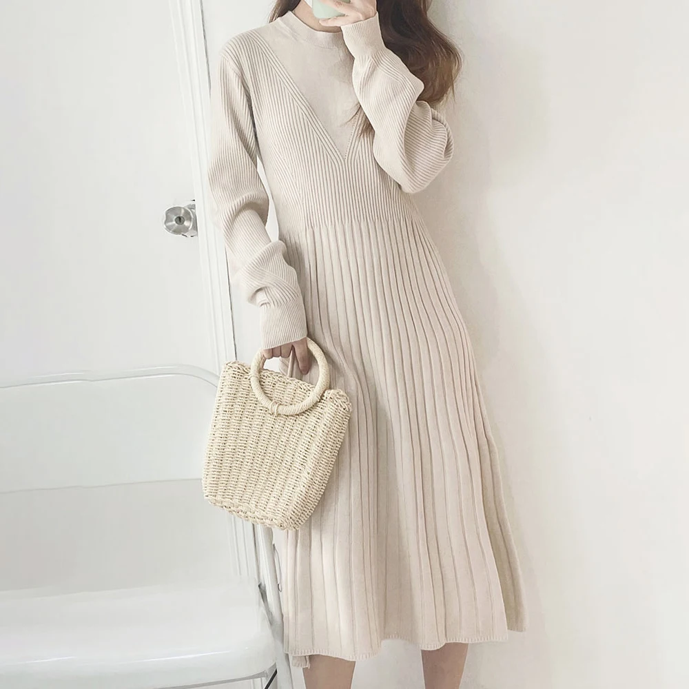 Женское платье-свитер с длинным рукавом свободный простой элегантный однотонный