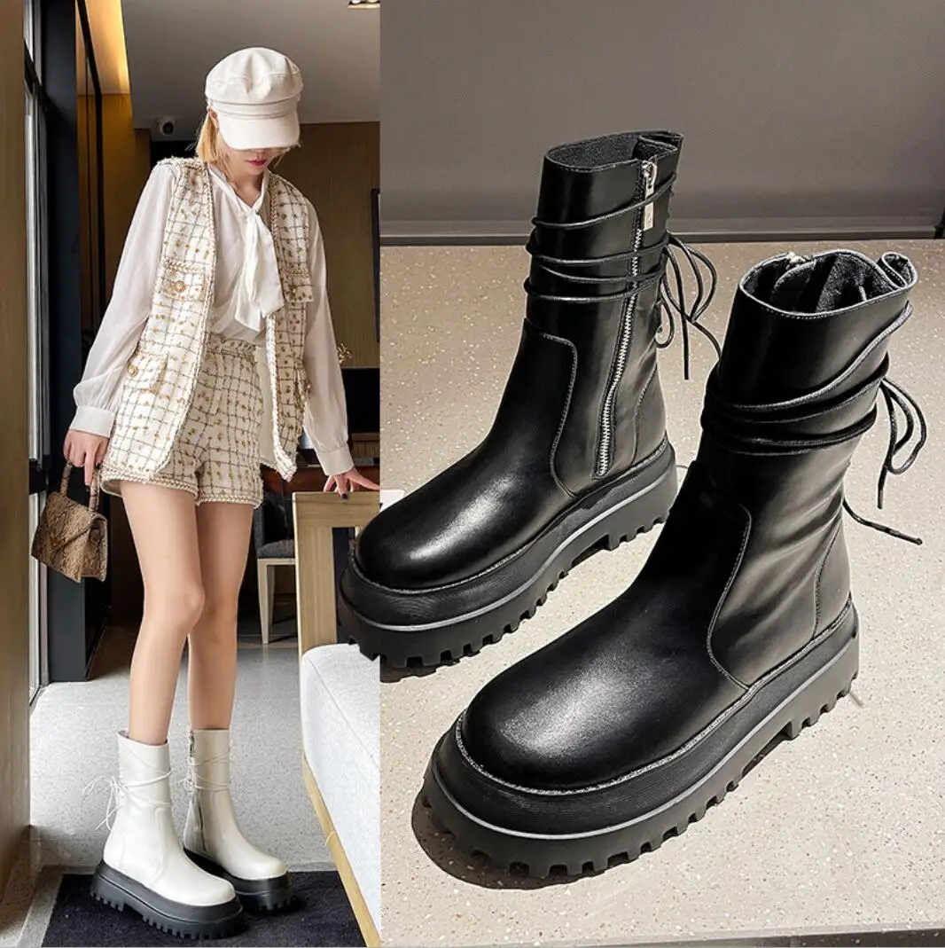 

Mid-Calf Platform Motorcycle Martin Boots Women Lace Up Chunky Thick Bottom Shoe Crawlers Designer Fashion Autumn Martin Booties