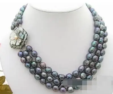 

Strds 9-10mm Black Baroque Pearl Necklace-Cameo Flower Clasp
