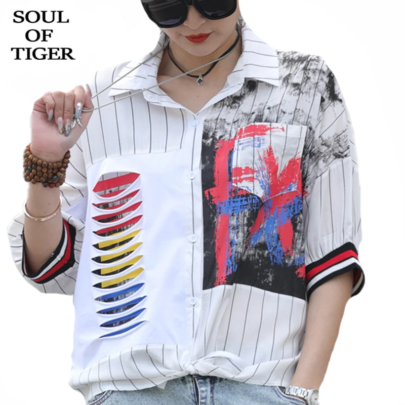 

SOUL OF TIGER New 2021 Designer Clothing Womens Vintage Striped Shirts Ladies Casual Printed Blouses Female Punk Oversized Tops