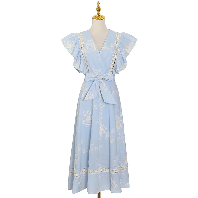 

2021 French retro summer new flounce stitched chiffon flying sleeve V-neck high waist A-line large swing dress