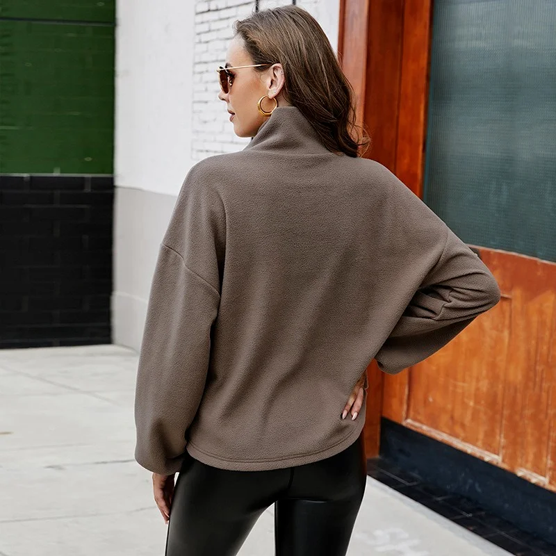 Solid Colors Polar Fleece Sweatshirts Women Stand Collar Loose Casual Pullovers Autumn Winter Warm Leisure Loose Commute Tops