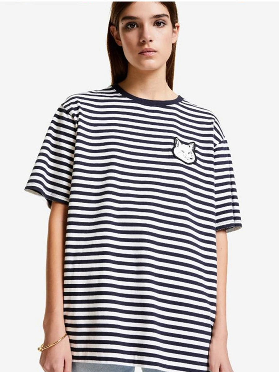 21 summer new style casual refreshing black white stripes embroidered fox head O neck versatile lovers short sleeve T-shirt