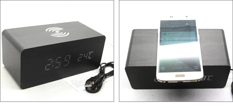 

Wooden Wireless Charger, LED Wooden Clock, Digital ThermoMeter 3-in-1 home decor wooden clock and wireless phone charger