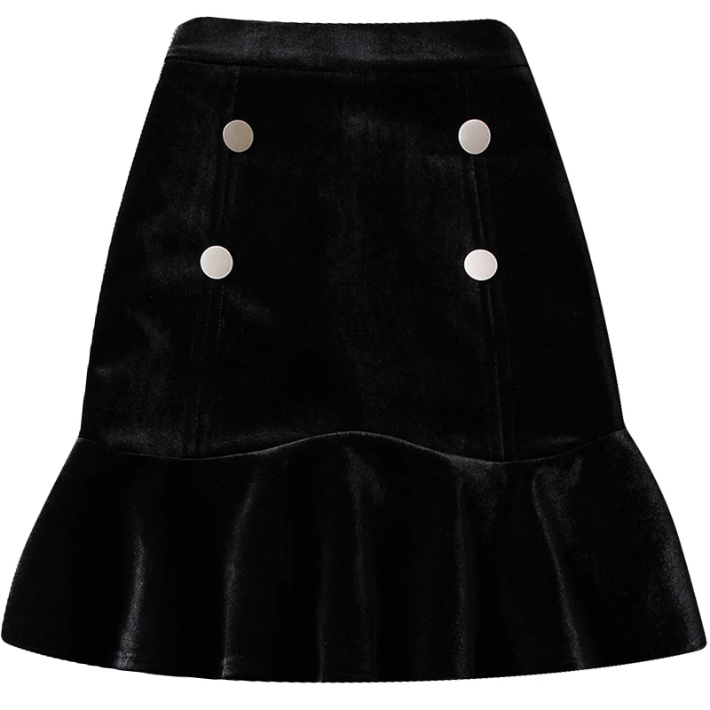 

Velvet short skirt 2020 autumn new double breast high waist ruffles office lady mini black skirts top quality
