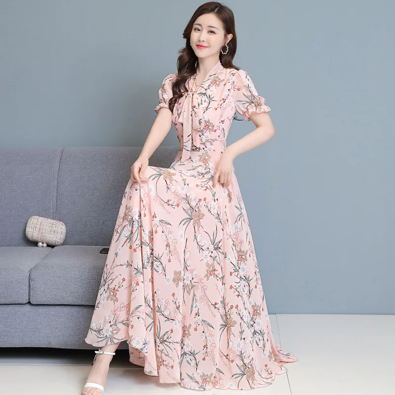 

2021 dress summer new waist slim chiffon long V-neck tie bow big swing lady dress