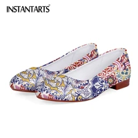 instantarts traditional patch flowers pattern womens fashion low heels high quality leather round toe ladies casual footwear