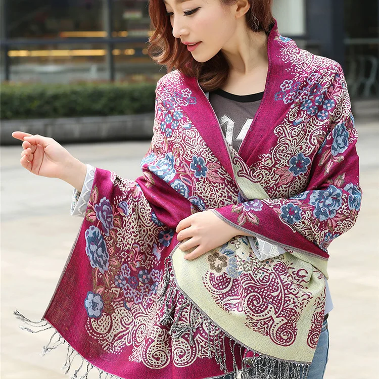 

Осенне-зимний новый хлопковый женский шарф, подходящий ко всему этнический стиль, женские двухсторонние толстые женские шарфы с кисточками