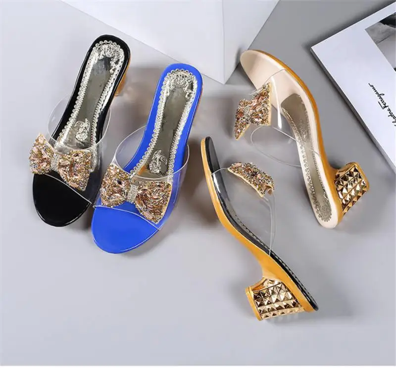 

Summer Women's Rhinestone Crystals Heels Peep Toe Sandals sexy Clear Heels Slippers Square Heeled Ladies shoes pumpl Sandals