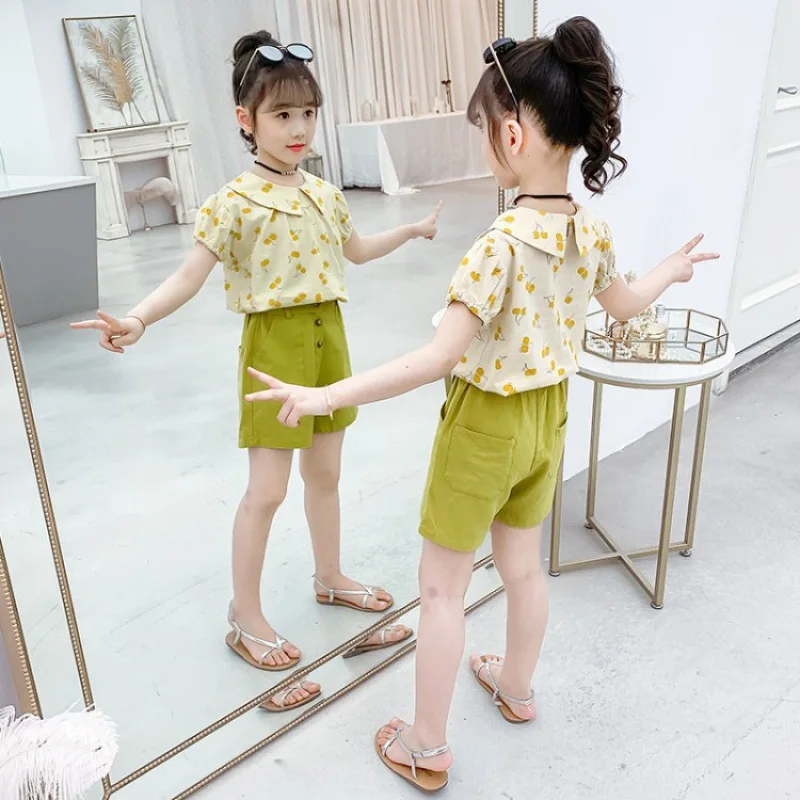 

Girls summer dress 2021 new children's clothing doll collar printed short-sleeved shorts cute two-piece suit