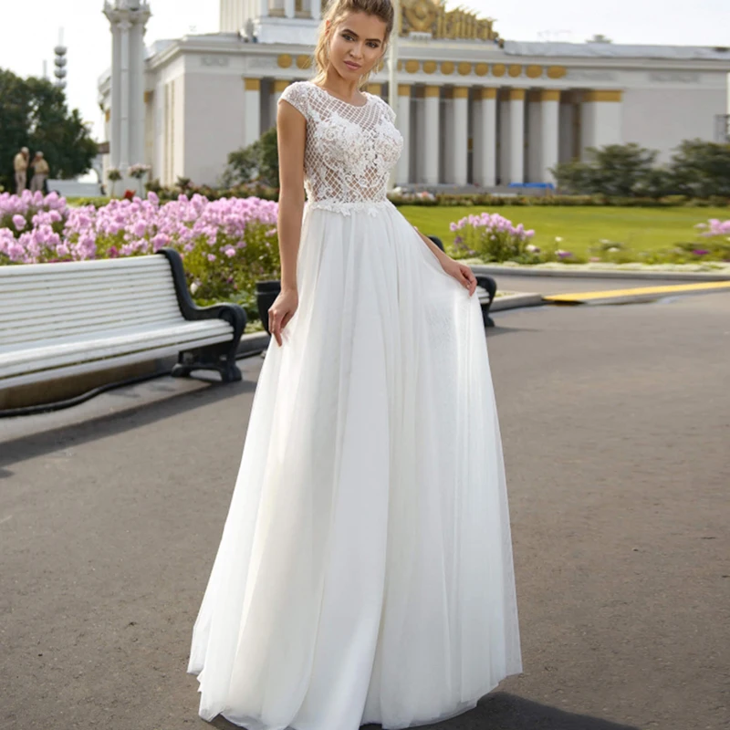 

Modest Scoop Neckline A Line Wedding Dress 2021 Lace Chiffon Appliques Sheer Bridal Dress Illusion Back Vestido De Noiva