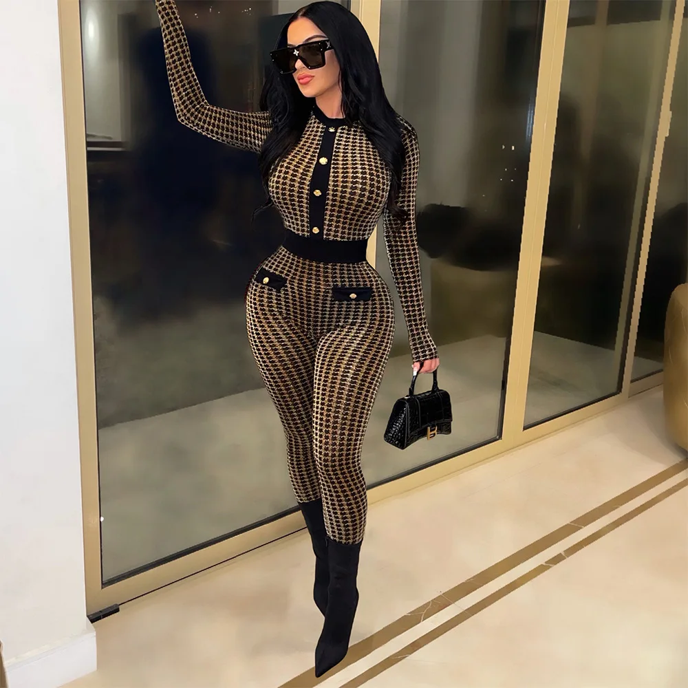 Женский жаккардовый комбинезон RMSFE облегающий длинный на пуговицах с длинным