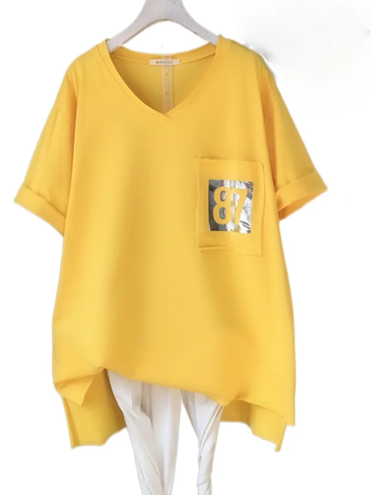 

Knitted Women Tshirt V-neck T-shirts Three Quarter Pockets Tees Letter T-shirt Oversized T Shirt DM001