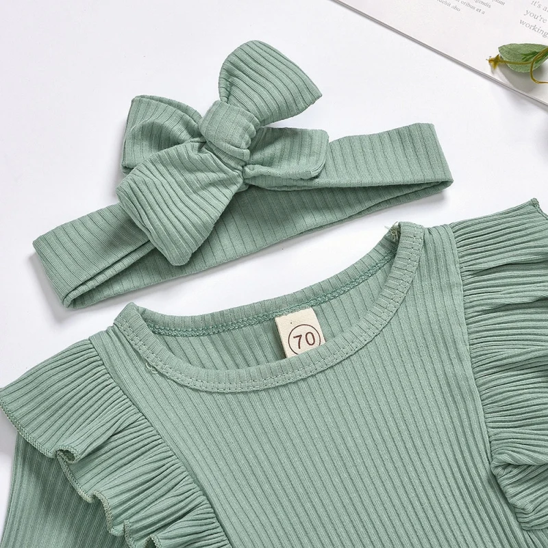 

Autumn Newborn Baby Girl Clothes Set Solid Long Sleeve Ruffle Romper Tops Flower Short Pants Headband 3Pcs Infant Outfits3