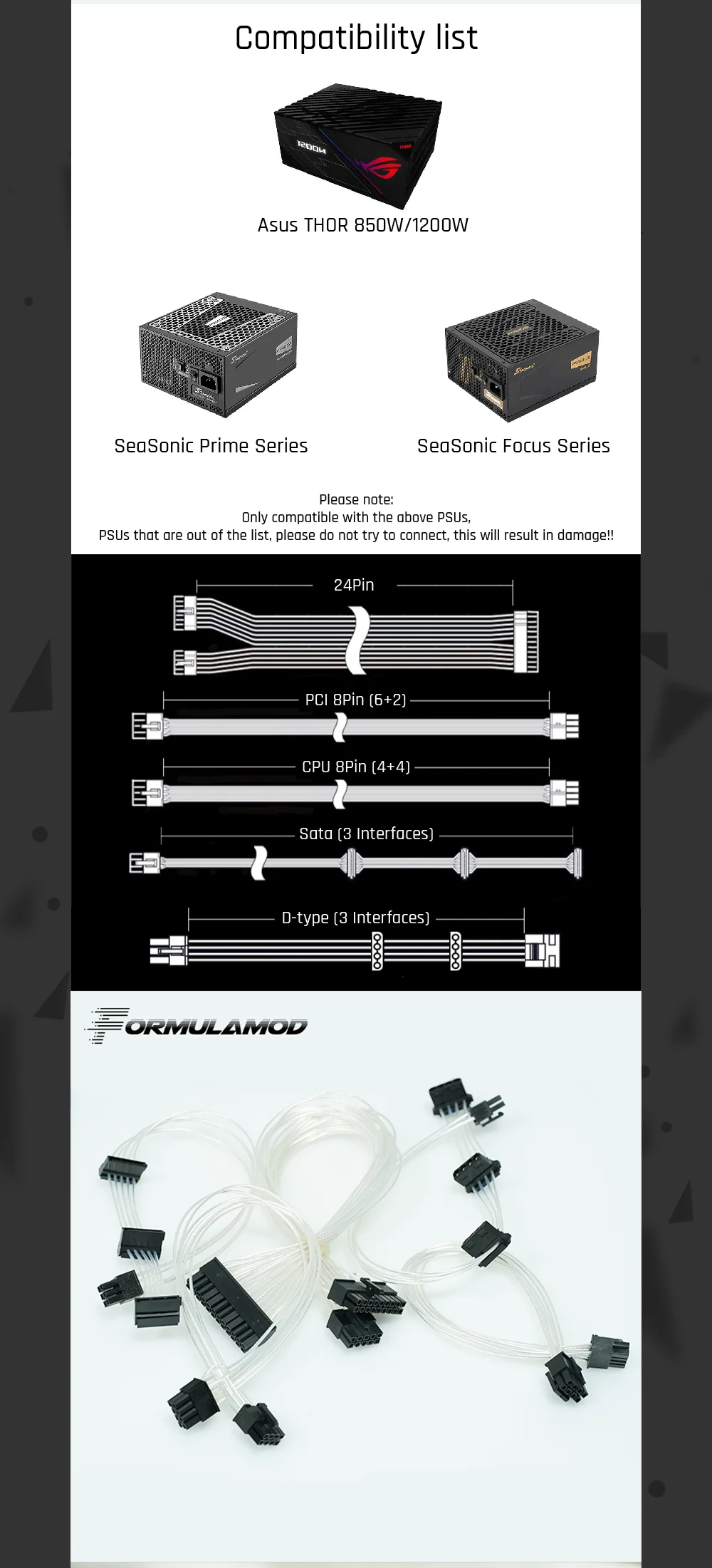 FormulaMod Fm-HS-SL, полностью модульные кабели PSU, посеребренные 18AWG, для Asus THOR& sesonic Focus/Prime Series
