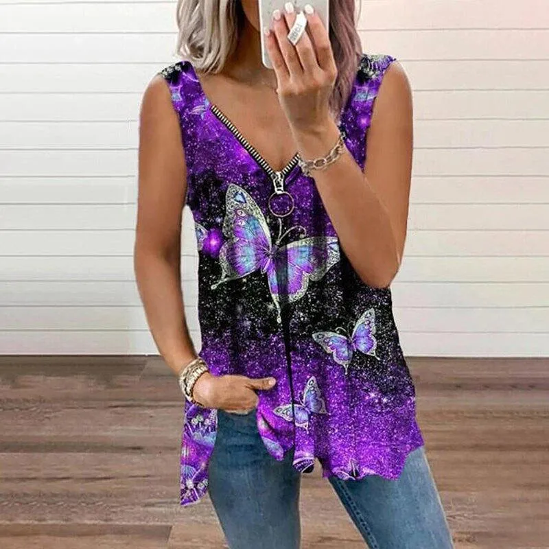 

Sexy V Neck Sleeveless Tanks Top Women T Shirt Summer Butterfly Print Zipper Loose Oversized Tops Casual Street Vest Tshirt