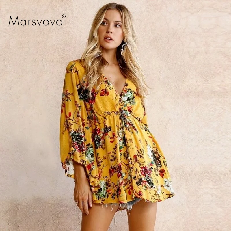 T-shirt jaune à fleurs pour femmes, col en v, imprimé Floral, Vintage, à la mode, vêtements de plage, pour les années 90, 2021