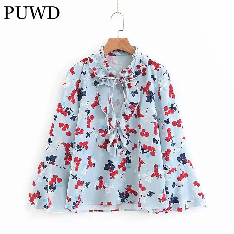 

PUWD Oversize Women O Neck Bow Lace Blouse 2022 Spring Fashion Ladies High Street Sweet Shirt Female Print Loose Shirt Top