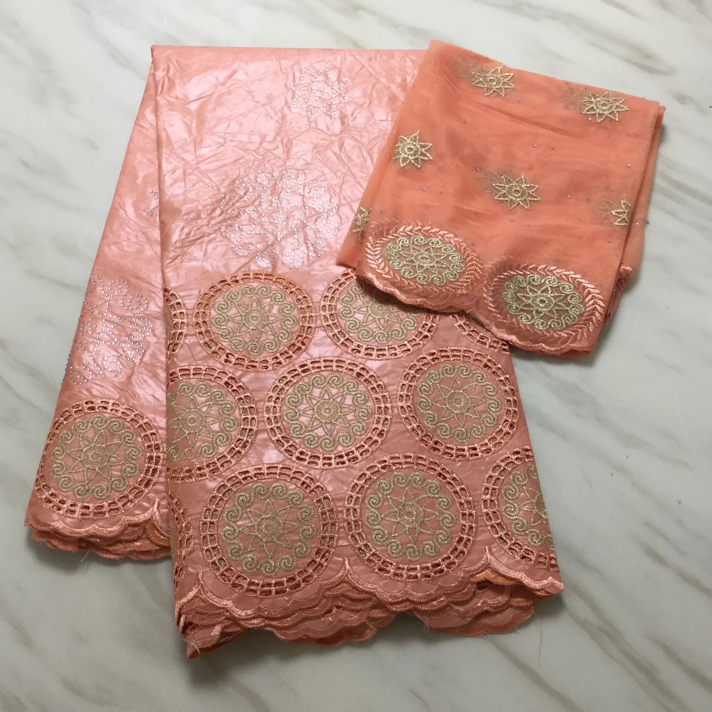 

Peach 2020 Rhinestones Bazin Riche Lace Fabric With Stones Punch Embroidery Guinea African Bride Wedding Basin Stones Fabric