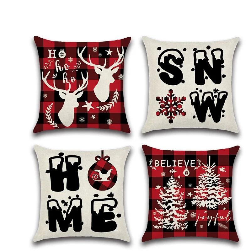 

Christmas Ornaments Elk Tree Black Red Plaid Pattern Cotton Linen Pillow Cushion Cover Home Decor Sofa Chair Party Decorations
