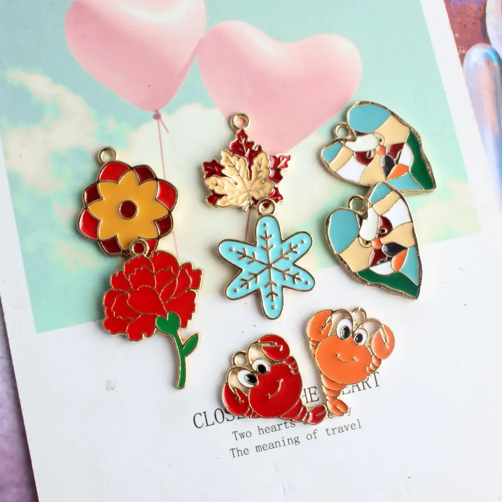 

Wholesale 80pcs Colorful Enamel Alloy Necklace Pendants Gold Tone Metal Flower Snowflake Heart Maple Leaf Lobster Charms