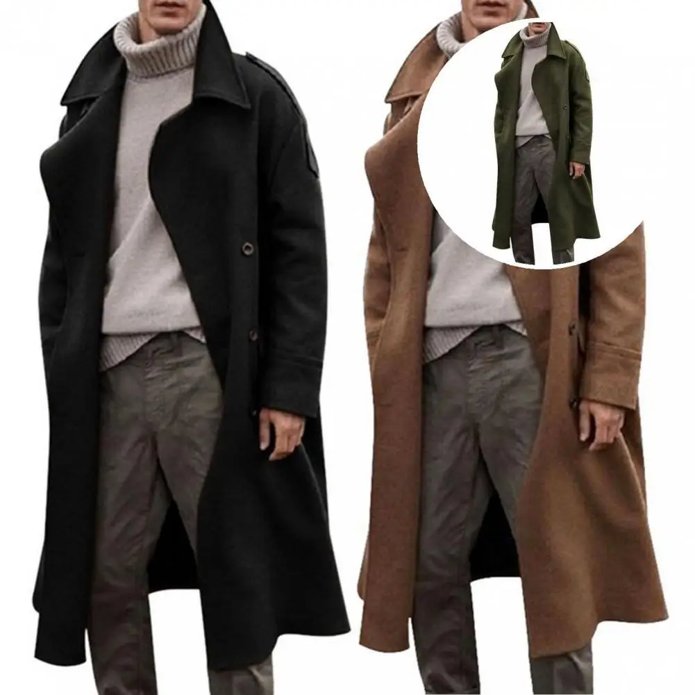 

Winter Coat Turn-down Collar All Match Washable Simple Retro Style Men Long Trench Long Peacoat for Daily Wear