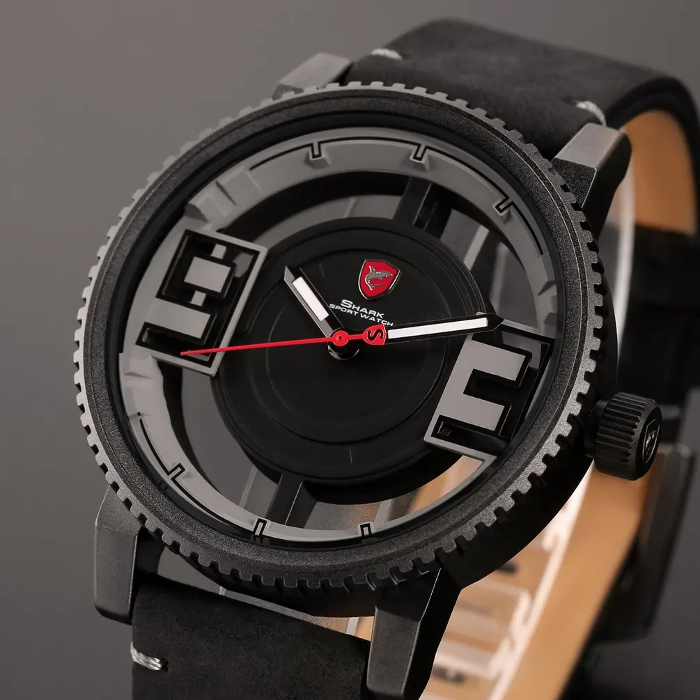 Grey Black SH545 Megamouth акула спортивные часы черный красный 3D Специальный прозрачный дизайнер полые Лидирующий бренд кожа наручные кварцевые мужские часы/SH542 - Цвет: Grey Black SH545