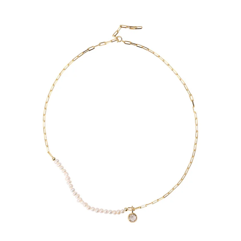 

Natural Pearl Zircon 18k Gold 100% 925 Sterling Silver Necklace For Women Asymmetry Chain Fine Jewelry Choker Necklace