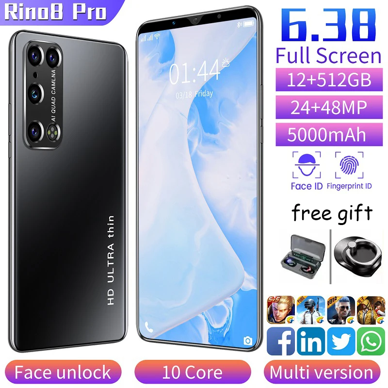 

Global Version Smartphones Rino8 Pro12GB+512GB 5000mah 6.38 Inch HD Camera Cellphone 1440*3200 5G Android 10.0 Mobile Phones