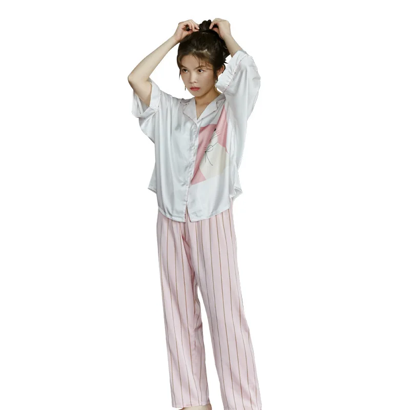 

2021 Summer New Women's Pajamas Set Comfortable Loose Soft Indoor Clothes Lovely Simple Cat Pattern Long Sleeve Home Clothes