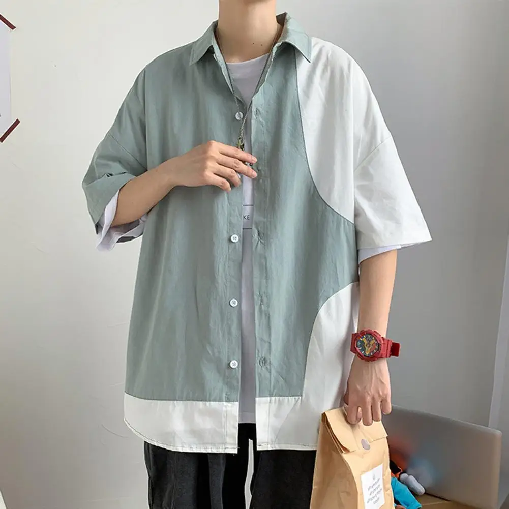 

Fashion Color Contrast Short Sleeves Turn-down Collar Men Loose Casual Top Shirt