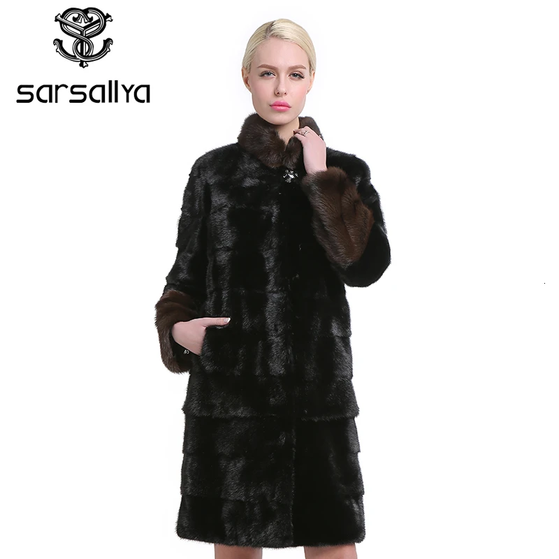 Sarsallya натурального меха шубы мода длинные подлинной пальто норковая шуба