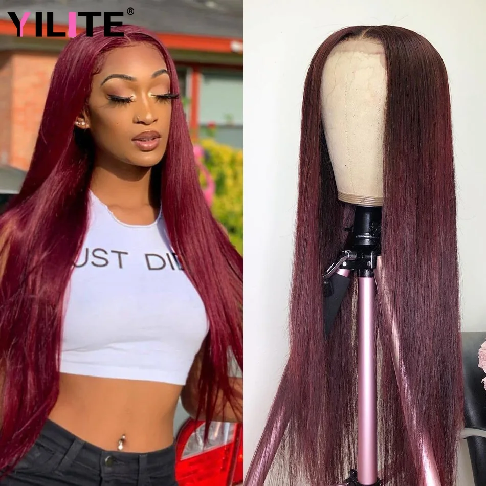 

Remy Brazilian Human Hair Frontal Wig Glueless 99J Colored HD Transparent Lace Part Wig 99J Burgundy Straight Lace Closure Wig