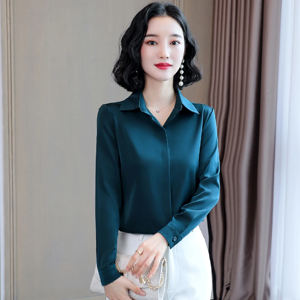 

Simple Design Summer Short Sleeve Women Shirts Candy Color Silk Blouses Office Lady Basic Tops Female Casual Loose Satin Shirts