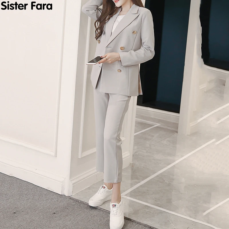 Sister Fara New Spring 2021 Single Breasted Chic Blazers Coat Woman Set+Single Button Ankle-Length Pants Office Lady 2 Piece Set