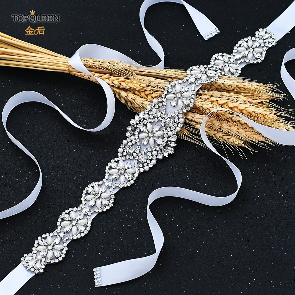

TOPQUEEN S161 Wedding Belts with Rhinestones Pearls Bride Belts Dress Sash Belt Women Embellished Waist Belt Beads Satin Belt