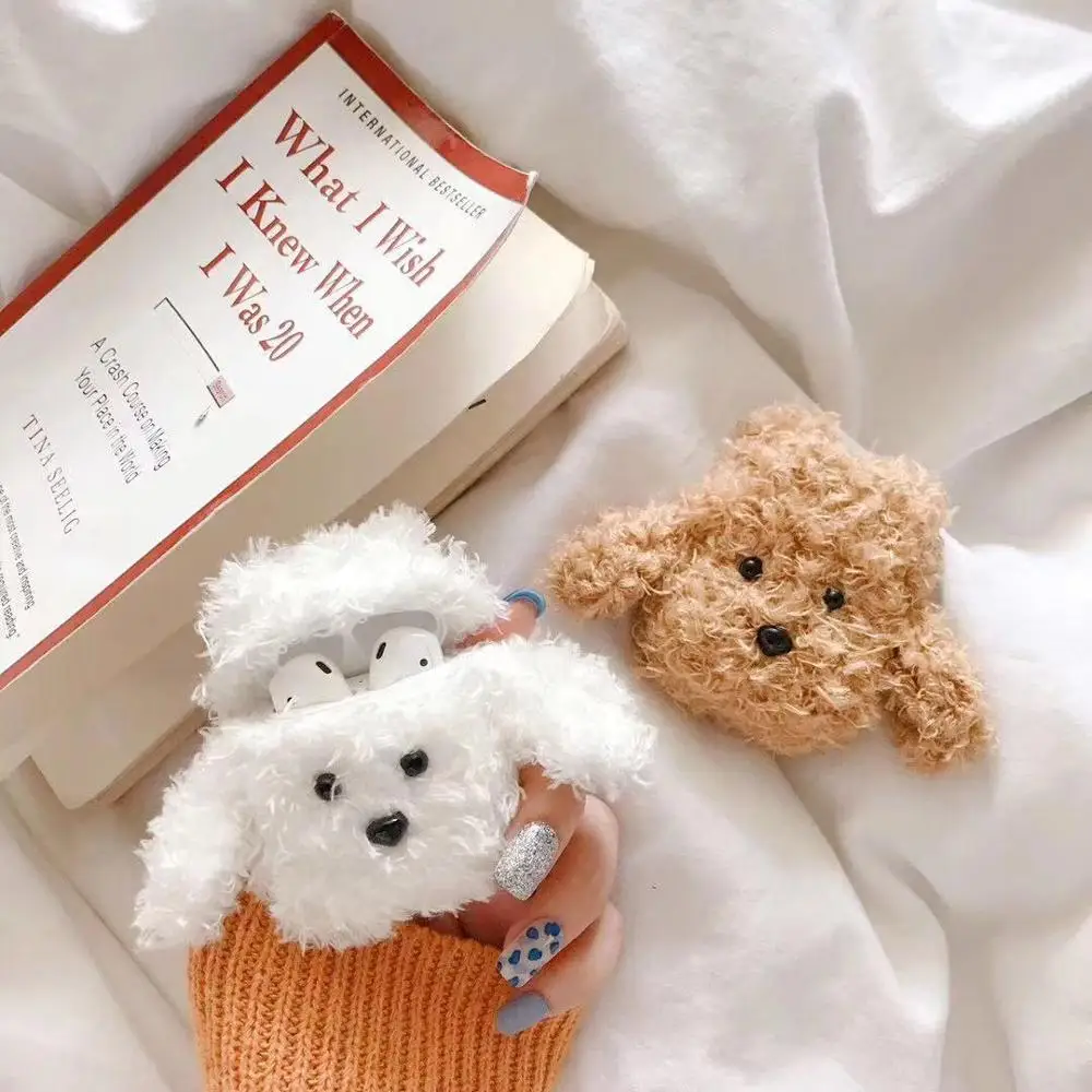 Милый пушистый Bluetooth чехол для наушников Apple AirPods крышка собака плюшевая Тедди