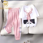 Спортивный костюм женский из двух предметов, Повседневная футболка с цветочным принтом и штаны с эластичным поясом, лето 2020