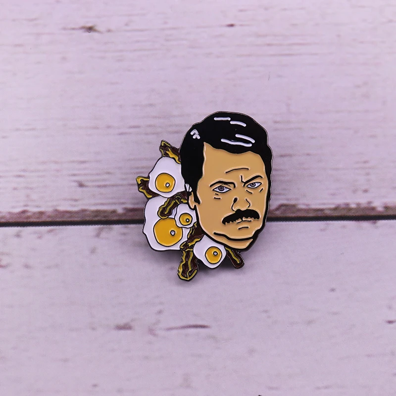 Ron Swanson bacon eggs lapel pin Parks and Recreation brooch