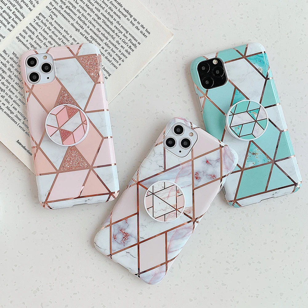 Plated Geometric Marble Strech Holder Phone Case For iPhone 11 Pro Max XR X XS 7 8 6S Plus Soft IMD Cover Bag | Мобильные телефоны