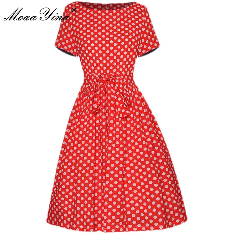 

MoaaYina Fashion Designer Summer polka dot Printed Short Dress Women Party Elegant O-neck Belt Bohemian Holiday Mini Dress