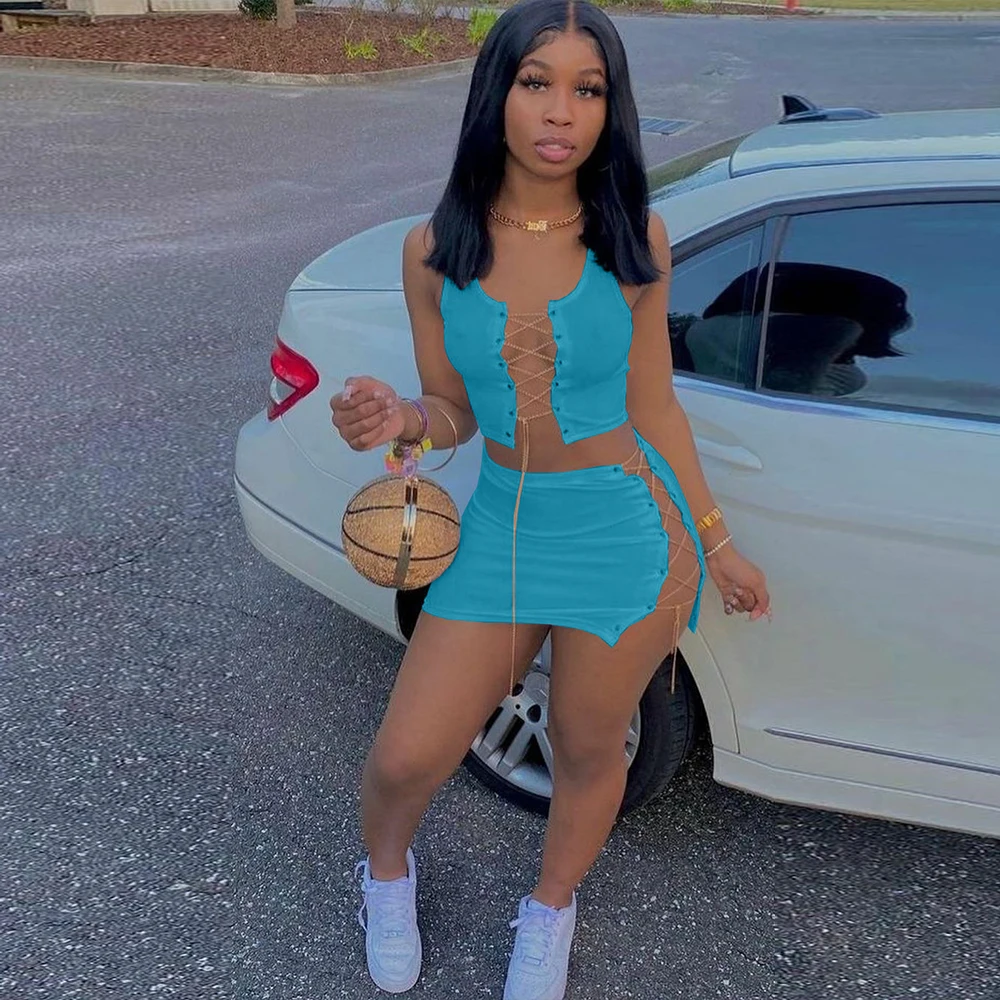 

Womens Metal Chain Spliced Two Piece Set Tracksuit Sleeveless Bandage Tank Crop Top + Lace Up Hollow Mini Skirt Vacation Suits