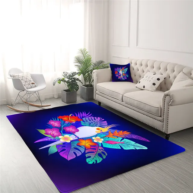 BlessLiving Parrot Bird Large Carpets for Bedroom Tropical Jungle Plant Play Floor Mat Leaf Floral Area Rug Purple Center Rug 2