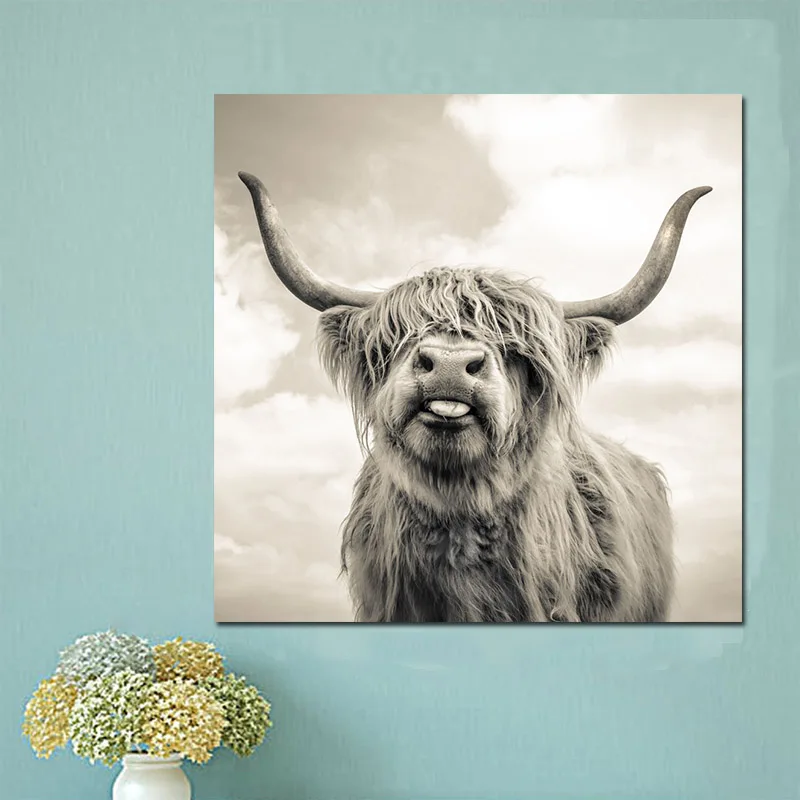 Черно-белый Highland Корова Крупный рогатого скота настенная Картина на холсте в