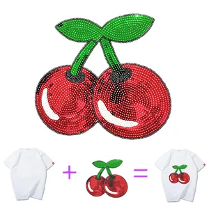 Imported Iron On Patches For Clothing 20cm Cherry Red Sequined Sequins T-shirt Womens Fashion Top Shirt Fruit