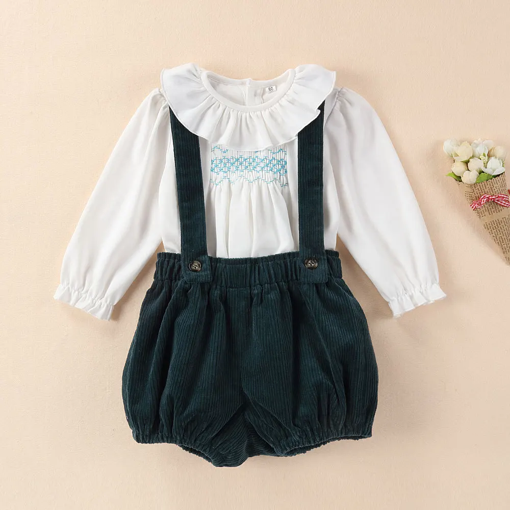 

2Pcs Children Spanish Boutique Clothing Baby Boys Birthday Baptism Clothes Set Infant Smocked White Shirt and Velvet Pant