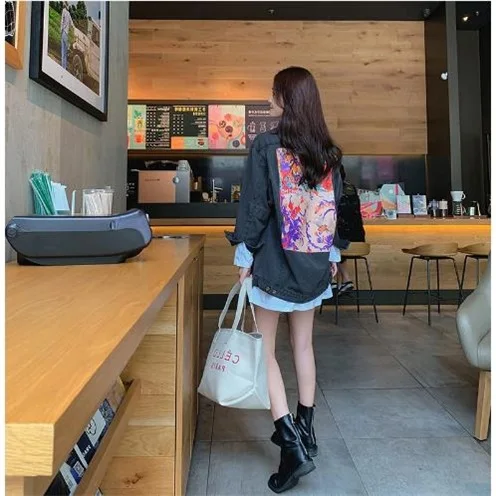 Timis Li ion аккумулятор Осенняя женская черная джинсовая куртка сзади абстрактным