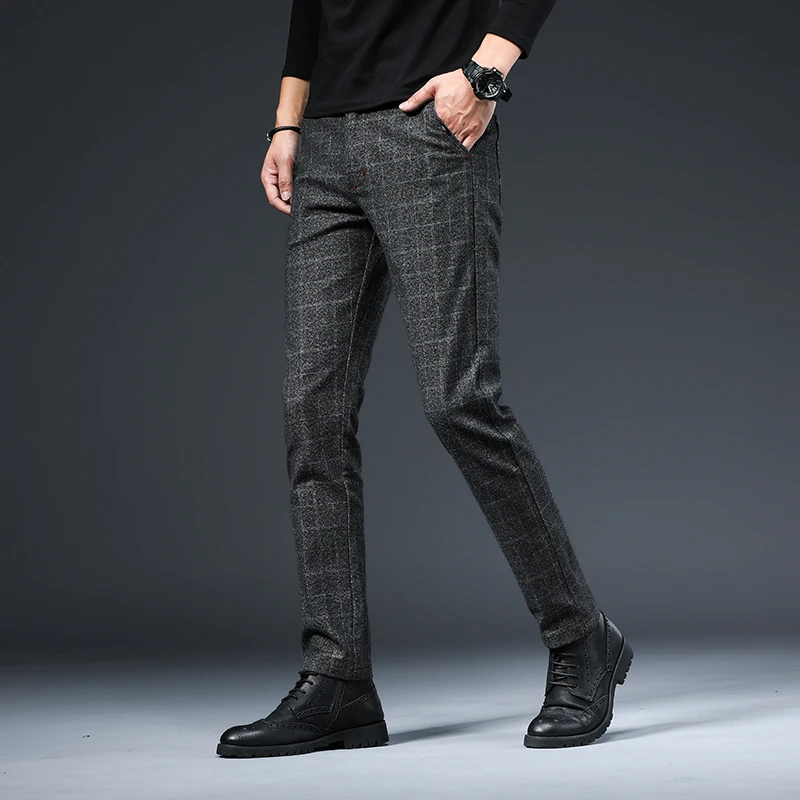 Мужские брюки в клетку повседневные облегающие британском стиле черные синие