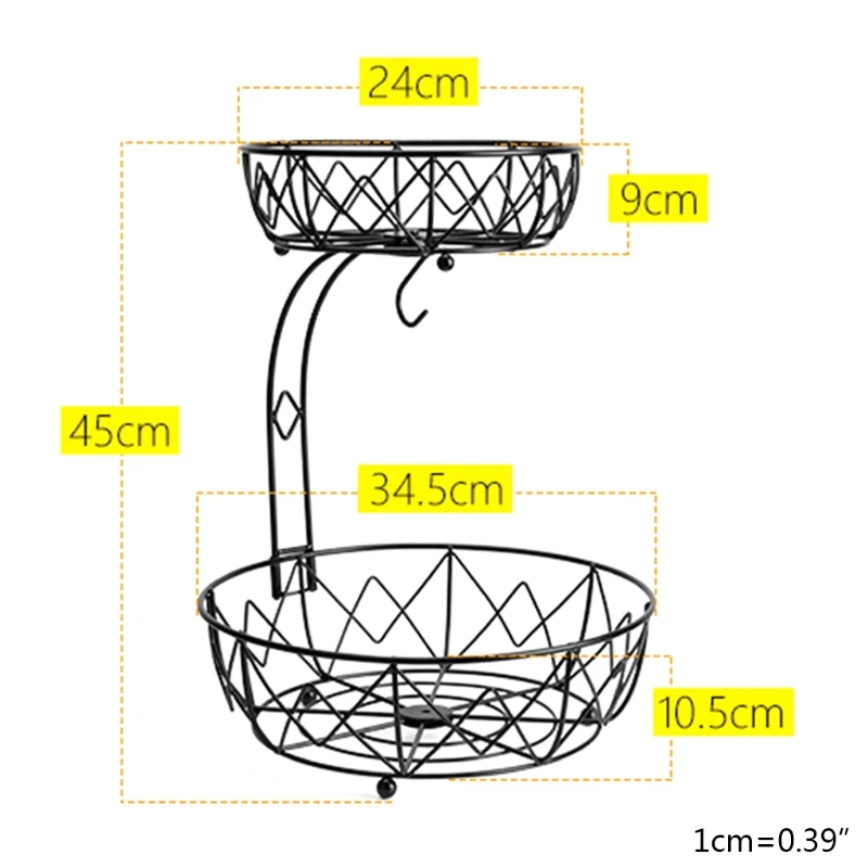 

Modern Household 2-Tier Fruit Basket Bowl with Banana Hanger Hook Wrought Iron Double Layer Kitchen Countertop Dropshipping