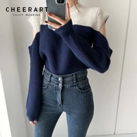 cheerart off the shoulder crewneck sweater fall 2021 womens fashion ribbed top pullovers knitted sweater color block pull femme